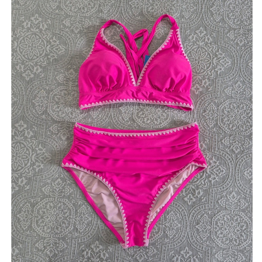 Cupshe Pink High Waisted Ruched Crochet Trim Bikini Set NWT Size L